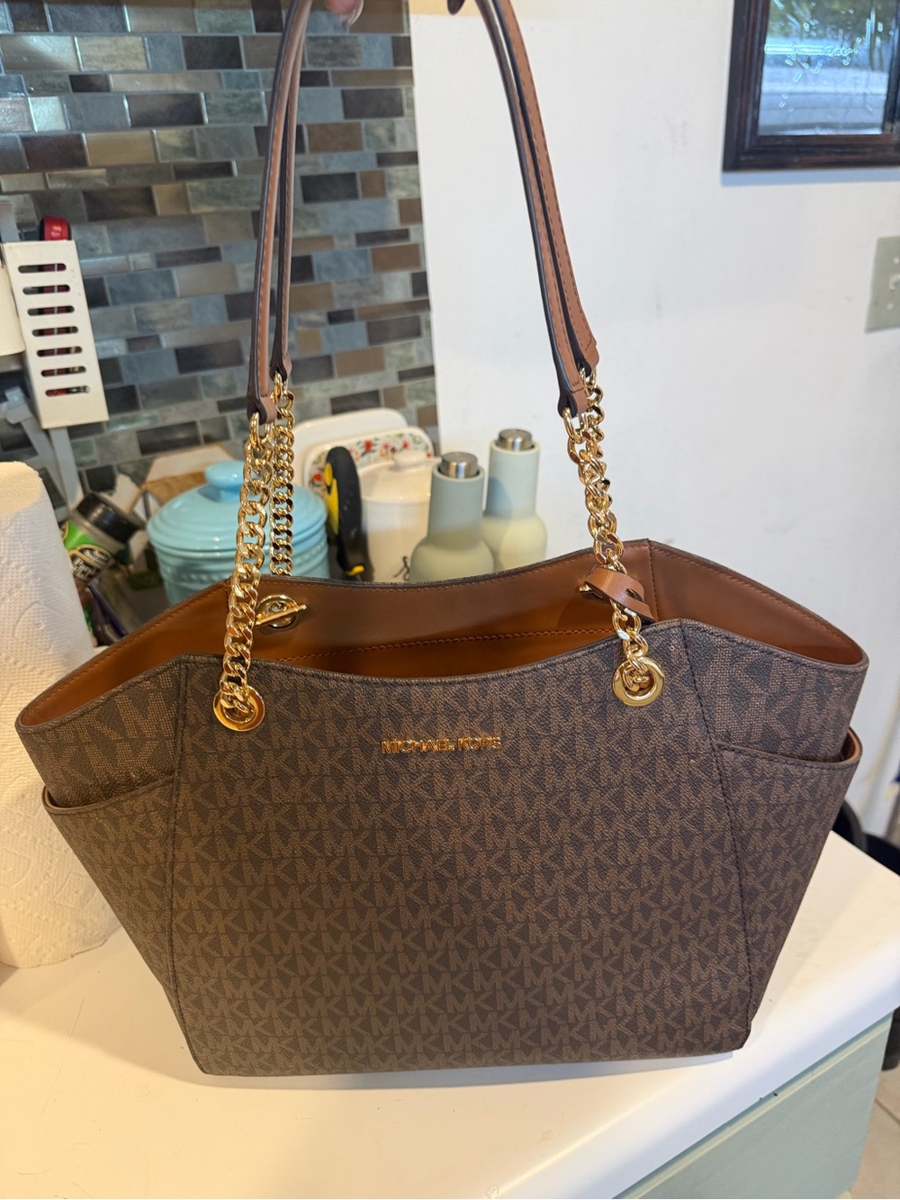 Michael Kors Brown Signature Tote with Gold Chain Handles